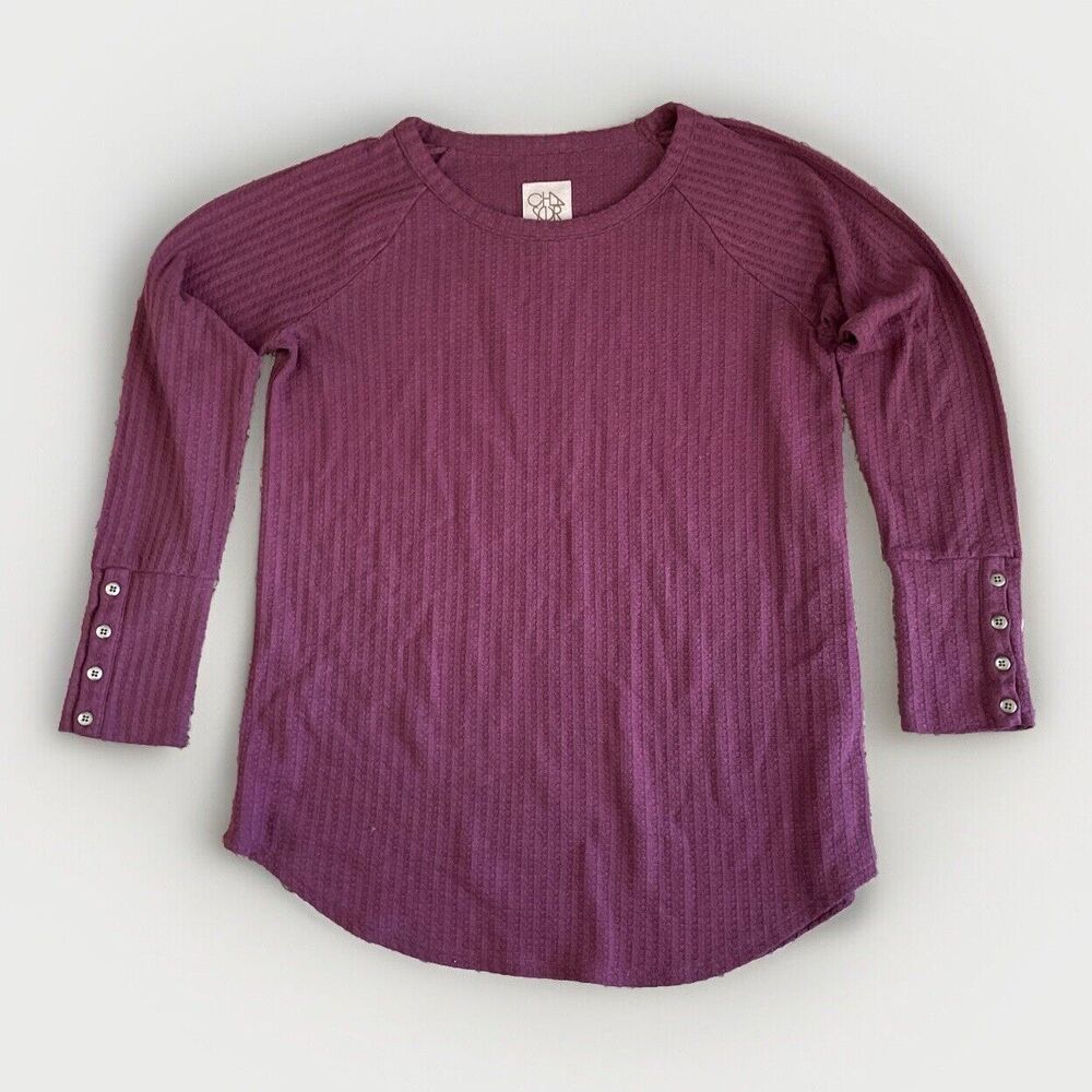 Chaser Burgundy Waffle Knit Sweater LARGE Button Sleeves Top Tunic Round Neck